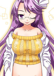 Rule 34 | 1girl, ;p, akou roushi, alternate costume, asakura rikako, bare shoulders, blush, breasts, cleavage, coat, collarbone, crop top, eyebrows, fishnets, glasses, groin, hair ribbon, hands in pockets, lab coat, large breasts, long hair, long sleeves, looking at viewer, mesh, naughty face, navel, no bra, off-shoulder, off-shoulder sweater, off shoulder, one eye closed, open clothes, open coat, out-of-frame censoring, outline, purple eyes, purple hair, ribbed sweater, ribbon, rimless eyewear, see-through, simple background, smile, solo, square, standing, sweater, swept bangs, tongue, tongue out, touhou, touhou (pc-98), upper body, very long hair, white background, white ribbon, wink