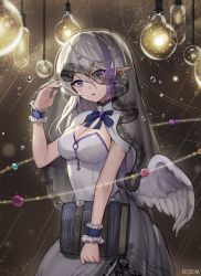 Rule 34 | 1girl, artist name, bad id, bad pixiv id, blue eyes, book, breasts, cleavage, cleavage cutout, clothing cutout, dress, grey background, grey hair, hand up, highres, holding, holding book, light bulb, long hair, looking at viewer, multicolored hair, original, pointy ears, risem, solo, standing, streaked hair, veil, very long hair, white dress, white wings, wings, wrist cuffs