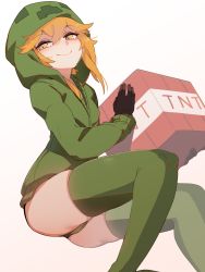 Rule 34 | 1girl, ass, at2., black gloves, blonde hair, closed mouth, commentary request, creeparka, creeper, cupa (at2.), explosive, feet out of frame, gloves, green hoodie, green panties, green thighhighs, highres, holding, hood, hood up, hoodie, long sleeves, minecraft, no pants, panties, personification, shaded face, short hair with long locks, sidelocks, simple background, smile, smug, solo, thighhighs, tnt, tnt block (minecraft), underwear, white background, yellow eyes