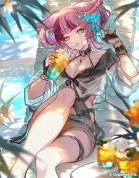 Rule 34 | 1girl, animal ears, beach, black gloves, black nails, black one-piece swimsuit, bracelet, breasts, brown shorts, cup, day, disposable cup, ear piercing, erune, eyeshadow, fingerless gloves, gloves, granblue fantasy, holding, holding cup, jacket, jewelry, looking at viewer, makeup, manamel, medium breasts, minaba hideo, multicolored hair, official art, one-piece swimsuit, outdoors, piercing, pink hair, purple hair, short hair, shorts, sitting, swimsuit, swimsuit under clothes, thighs, two-tone hair, white jacket