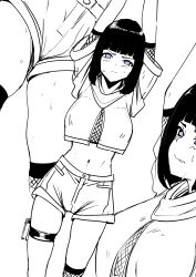 Rule 34 | 1girl, arms up, blunt bangs, blush, breasts, crop top, feet out of frame, female focus, h2o (ddks2923), highres, hyuuga hinata, large breasts, looking at viewer, multiple views, naruto, naruto (series), navel, parted lips, pink eyes, shorts, skindentation, spot color, stomach, sweat, thighlet
