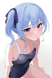 Rule 34 | 1girl, alternate costume, alternate eye color, blue eyes, blue hair, blue one-piece swimsuit, blue ribbon, blush, breasts, closed mouth, collarbone, covered navel, fawny, frown, hair ribbon, highres, hololive, hoshimachi suisei, light frown, looking at viewer, medium hair, one-piece swimsuit, pout, purple eyes, ribbon, school swimsuit, side ponytail, simple background, sitting, small breasts, solo, star (symbol), star in eye, swimsuit, symbol in eye, variant set, virtual youtuber, white background