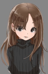 Rule 34 | 1girl, absurdres, black eyes, black sweater, brown hair, flat chest, grey background, highres, jaggy lines, long hair, long sleeves, original, parted bangs, ribbed sweater, simple background, solo, sweater, turtleneck, turtleneck sweater, upper body, yamamoto souichirou