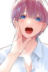 Rule 34 | 1girl, :o, blue eyes, breasts, cleavage, collarbone, collared shirt, commentary request, eyebrows hidden by hair, go-toubun no hanayome, hand up, haruba negi, head tilt, highres, large breasts, light purple hair, looking at viewer, nakano ichika, partially unbuttoned, shirt, short hair, short sleeves, sidelocks, simple background, solo, teeth, tongue, upper body, upper teeth only, white background, white shirt