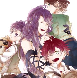 Rule 34 | 10s, 1girl, 3boys, age difference, bags under eyes, belt, blush, brown hair, carrying, child, choker, closed mouth, cordelia (diabolik lovers), diabolik lovers, dress, elbow gloves, eyepatch, closed eyes, family, fangs, gloves, hug, knees up, long hair, looking at another, looking at viewer, mayu syulv, mother and son, multiple boys, one eye closed, open mouth, profile, purple eyes, purple hair, red hair, sakamaki ayato, sakamaki kanato, sakamaki laito, simple background, sitting, smile, stuffed animal, stuffed toy, suspenders, teddy (diabolik lovers), teddy bear, upper body, vampire, white background, aged down
