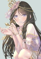 Rule 34 | 1girl, absurdres, beads, black hair, blue eyes, blush, crown, flower, frills, hair flower, hair ornament, highres, idolmaster, idolmaster shiny colors, jewelry, kazano hiori, lips, long hair, looking at viewer, mole, mole under mouth, ring, shirt, short sleeves, solo, umirororo, white shirt, wide sleeves, wristband