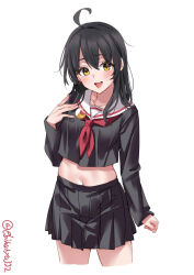 Rule 34 | 1girl, ahoge, black hair, black skirt, blush, breasts, collarbone, cowboy shot, crescent, crescent pin, cropped legs, ebifurya, hair between eyes, highres, kantai collection, long sleeves, looking at viewer, midriff, mikazuki (kancolle), navel, neckerchief, one-hour drawing challenge, pleated skirt, red neckerchief, sailor collar, sidelocks, simple background, skirt, small breasts, smile, solo, thighs, twitter username, white background, white sailor collar