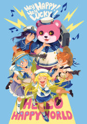 Rule 34 | 5girls, :3, anchor symbol, animal costume, antenna hair, arms up, bad id, bad tumblr id, bang dream!, bear costume, black footwear, blonde hair, blue background, blue footwear, blue hair, blue neckerchief, blue ribbon, blue shirt, blue shorts, blue skirt, boombox, boots, bow, bracelet, buttons, closed eyes, commentary request, double-breasted, drum, drumsticks, electric guitar, english text, grin, group name, guitar, hat, hat bow, hat ribbon, hello happy world!, holding, holding instrument, instrument, jewelry, kitazawa hagumi, knee boots, kneehighs, lightning bolt symbol, looking at another, loveariddle, mascot costume, matsubara kanon, multiple girls, musical note, neckerchief, nervous, o/, okusawa misaki, one side up, open mouth, orange eyes, orange hair, outstretched arms, peaked cap, ponytail, purple eyes, purple hair, ribbon, sailor hat, school uniform, serafuku, seta kaoru, shirt, shoes, short hair, short sleeves, shorts, simple background, skirt, smile, socks, sparkling eyes, standing, straw hat, striped bow, striped ribbon, tsurumaki kokoro, white footwear, white legwear, white shirt