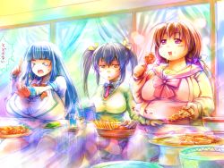 Rule 34 | &gt; &lt;, 3girls, belly rest, black hair, blue hair, blunt bangs, book, breast rest, breasts, brown hair, cardigan, chopsticks, collared shirt, crossed legs, crossover, crying, curtains, danchizuma01, debu plus, debutopia, drinking straw, eating, fat, female focus, food, fuutou shizune, green sweater, huge breasts, indoors, large breasts, long hair, looking at viewer, medium breasts, miniskirt, multiple girls, necktie, obese, orange eyes, oshioki sweetie, pink eyes, pizza, pizza and the little bully, pleated skirt, red neckwear, school uniform, shirt, sitting, skirt, sweater, table, tetsuwan woopie, thighhighs, triangle mouth, twintails, watarai chie, window, yamamoto ririka