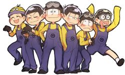 Rule 34 | 10s, 6+boys, :3, :d, :|, ^ ^, adjusting clothes, adjusting gloves, arms up, baba639, black footwear, black gloves, black hair, blush, blush stickers, brothers, character hat, closed eyes, closed mouth, contrapposto, cosplay, crossover, despicable me, full body, gloves, goggles, goggles around neck, goggles on head, half-closed eyes, hand in pocket, hat, heart, heart in mouth, highres, legs apart, long sleeves, male focus, matsuno choromatsu, matsuno ichimatsu, matsuno jyushimatsu, matsuno karamatsu, matsuno osomatsu, matsuno todomatsu, messy hair, minion (despicable me), minion (despicable me) (cosplay), multiple boys, open mouth, osomatsu-kun, osomatsu-san, osomatsu (series), overalls, sextuplets, shirt, shoes, siblings, simple background, sleeves past wrists, sleeves rolled up, smile, socks, standing, standing on one leg, tongue, white background, white legwear, yellow shirt