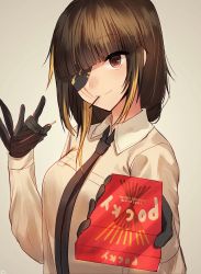 Rule 34 | 1girl, bad id, bad twitter id, black hair, brown eyes, commentary, eyepatch, food, food in mouth, girls&#039; frontline, gloves, highres, looking at viewer, m16a1 (girls&#039; frontline), necktie, pocky, pocky day, scar, scar across eye, scar on face, shirt, solo, xanax025