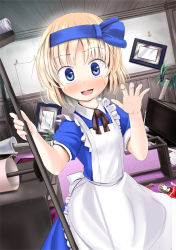 Rule 34 | 1girl, a (aaaaaaaaaaw), alice margatroid, alice margatroid (pc-98), alternate costume, apron, blonde hair, blue eyes, blush, broken glass, broom, character doll, enmaided, glass, hairband, looking at viewer, maid, maid apron, maid headdress, messy room, plant, portrait (object), potted plant, shinki (touhou), short hair, smile, solo, touhou, touhou (pc-98)