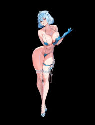 Rule 34 | &gt;:(, 1girl, bikini, black background, blue bikini, blue footwear, blue hair, breasts, cleavage, closed mouth, collarbone, commentary, fishnet thighhighs, fishnets, frown, full body, gloves, hair between eyes, hat, high heels, huge breasts, id card, large breasts, last origin, light blue hair, looking at viewer, mask bikini, micro bikini, navel, nurse, nurse cap, official art, original, pinkmill, red eyes, rubber gloves, short hair, solo, stethoscope, string bikini, swimsuit, syringe, thick thighs, thigh strap, thighhighs, thighs, titania frost, v-shaped eyebrows, wide hips