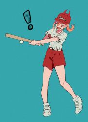 Rule 34 | !, + +, 1girl, absurdres, alternate costume, alternate hairstyle, bare legs, baseball, baseball bat, baseball cap, belt, blue background, blush, breasts, chainsaw man, character name, clothes writing, commentary, cross-shaped pupils, demon horns, eyelashes, full body, hair between eyes, hat, high-waist shorts, highres, horns, medium breasts, momokan (meloco), open mouth, orange eyes, orange hair, ponytail, power (chainsaw man), red hat, red shorts, sharp teeth, shirt, shirt tucked in, shoes, short hair, short sleeves, shorts, simple background, smile, sneakers, solo, standing, swinging, symbol-shaped pupils, teeth, white belt, white footwear, white shirt