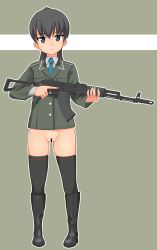 Rule 34 | 1girl, absurdres, bar censor, black hair, black thighhighs, boots, bottomless, censored, expressionless, female focus, female pubic hair, groin, gun, highres, jpeg artifacts, legs apart, looking at viewer, necktie, no panties, ponytail, pubic hair, solo, sparse pubic hair, takafumi, thighhighs, trigger discipline, uniform, weapon, zenra