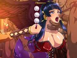Rule 34 | 1girl, arm grab, ass, bare shoulders, bent over, black wings, blue hair, blunt bangs, breasts, buttjob, censored, cleavage, clothed female nude male, dead or alive, dead or alive 5, elbow gloves, erection, eyeshadow, feathered wings, gang rape, gloves, group sex, hair ornament, hair stick, hairpin, hands on own hips, hat, huge breasts, leotard, lipstick, long hair, looking at another, makeup, mole, mole under mouth, mosaic censoring, multiple boys, nude, nyotengu, open mouth, penis, pink eyes, raburebo, raised eyebrows, rape, restrained, skin tight, solo focus, sweat, thong leotard, tokin hat, wings