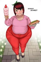 Rule 34 | 1girl, bad id, bad twitter id, belly, blush, breasts, cleavage, food, full body, green eyes, hairband, highres, hot dog, ice cream, large breasts, looking at viewer, original, parted lips, plump, red hair, short hair, smile, solo, standing, thick thighs, thighs, toroboro, wide hips