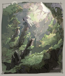 Rule 34 | 1boy, backpack, bag, black pants, border, cape, commentary request, covered face, foliage, grass, grey border, gyarike, helm, helmet, hole, hood, hood up, hooded cape, made in abyss, male focus, nature, on rock, outdoors, pants, rock, sketch, solo, squatting, toge (owannun), twitter username, white cape, white headwear, wide shot