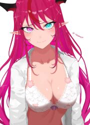 Rule 34 | 1girl, absurdres, bra, breasts, collared shirt, colored inner hair, dress shirt, floral print, hair between eyes, heterochromia, highres, hololive, hololive english, horns, irys (hololive), lace, lace-trimmed bra, lace trim, large breasts, long sleeves, looking at viewer, multicolored hair, open clothes, open shirt, pink eyes, pink hair, pointy ears, purple hair, red hair, shirt, smile, solo, totokara7, twitter username, underwear, upper body, virtual youtuber, white bra, white shirt, wing collar