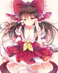 Rule 34 | 1girl, ascot, bare shoulders, blush, bow, bracelet, brown eyes, brown hair, detached sleeves, domotolain, female focus, hair bow, hakurei reimu, japanese clothes, jewelry, light smile, long hair, looking at viewer, miko, orange eyes, petticoat, smile, solo, thighhighs, touhou, white thighhighs, yellow ascot, zettai ryouiki