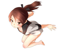 Rule 34 | 1girl, arched back, barefoot, black sailor collar, brown eyes, brown hair, dated, downblouse, jumping, kantai collection, no pants, ponytail, ray.s, sailor collar, sailor shirt, shikinami (kancolle), shikinami kai ni (kancolle), shirt, short hair, sideways, simple background, sitting, solo, twitter username, white background, white shirt