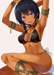 Rule 34 | 1girl, :d, armlet, armpits, arms behind head, arms up, belt collar, bikini, black bikini, black hair, blush, bracelet, braid, bridal garter, collar, commentary request, dark-skinned female, dark skin, earrings, feather earrings, feathers, gomashi (goma), head tilt, highres, jewelry, layered bikini, long hair, looking at viewer, navel, necklace, open mouth, original, purple eyes, ring, ring necklace, side-tie bikini bottom, simple background, sitting, smile, solo, swimsuit, teeth, thighs, upper teeth only, white background