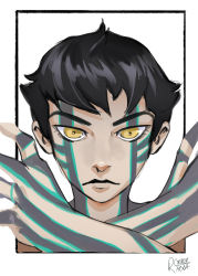 Rule 34 | 1boy, artist request, black hair, full-body tattoo, highres, demi-fiend, looking at viewer, male focus, shin megami tensei, shin megami tensei iii: nocturne, topless male, short hair, simple background, solo, tattoo, white background, yellow eyes