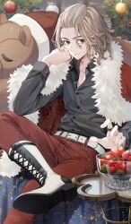 Rule 34 | 1boy, black eyes, black shirt, blonde hair, boots, bowl, christmas ornaments, closed mouth, collared shirt, cowboy shot, empty eyes, food, fruit, fur trim, highres, jacket, jacket on shoulders, jewelry, long sleeves, looking at viewer, male focus, medium hair, pants, partially unbuttoned, red jacket, red pants, ring, sano manjirou, shibuki kamone, shirt, sitting, smile, solo, strawberry, stuffed animal, stuffed toy, table, teddy bear, tokyo revengers, white footwear