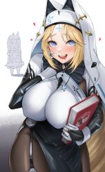 Rule 34 | 2girls, absurdres, black gloves, blonde hair, blue eyes, book, breasts, brown pantyhose, character request, commentary request, cross, cross necklace, drooling, garter straps, gloves, goddess of victory: nikke, heart, heart-shaped pupils, highres, holding, holding book, jewelry, kurone rinka, large breasts, long hair, looking at viewer, multiple girls, necklace, nun, open mouth, pantyhose, rapunzel (nikke), simple background, snow white (innocent days) (nikke), symbol-shaped pupils, teeth, upper teeth only, white background