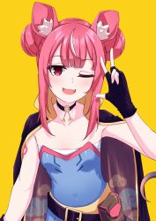 Rule 34 | 1girl, animal ear fluff, animal ears, belt, black belt, black gloves, breasts, cape, choker, collarbone, covered navel, fang, fingerless gloves, gloves, highres, kirihime ria, mouse ears, mouse girl, o-ring, o-ring choker, one eye closed, open mouth, pink eyes, pink hair, pouch, small breasts, solo, tsunderia, valefal coneri, virtual youtuber, yellow background