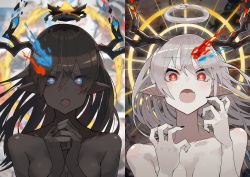 Rule 34 | 2girls, bare shoulders, black hair, black nails, blue sclera, breasts, cleavage, colored sclera, colored skin, dark-skinned female, dark skin, halo, highres, horns, katsu (katsupainter), looking at viewer, multiple girls, nail polish, nude, open mouth, original, ouroboros, pointy ears, red sclera, turtle, white hair, white skin, yellow eyes