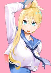 Rule 34 | 1girl, absurdres, arm up, black neckerchief, blonde hair, blue eyes, blush, breasts, buttons, commentary request, double-breasted, dvd case, hair bun, highres, holding, kurumizawa ouka, large breasts, long hair, looking at viewer, neckerchief, open mouth, pink background, r15+ ja dame desu ka?, school uniform, serafuku, simple background, solo, sparkling eyes, teeth, thick eyebrows, upper body, upper teeth only, uraya nagi