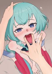 Rule 34 | 1girl, absurdres, aikatsu! (series), aikatsu friends!, alicia charlotte, blue eyes, blue hair, commentary request, headpat, heart, heart-shaped pupils, highres, open mouth, osame, pov, pov hands, saliva, simple background, solo focus, steaming body, symbol-shaped pupils, tongue, tongue out