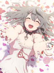 Rule 34 | 1girl, absurdres, belt collar, black hair, braid, breasts, closed eyes, collar, collarbone, dress, ear piercing, earrings, flower, grey hair, hair ornament, hairclip, heart belt, highres, hololive, jewelry, large breasts, multicolored hair, oki no fuji, open mouth, outstretched arms, petals, piercing, reaching, reaching towards viewer, red nails, red ribbon, ribbon, sakamata chloe, shadow, solo, streaked hair, virtual youtuber, white dress