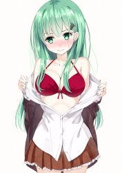Rule 34 | 10s, 1girl, absurdres, aqua eyes, aqua hair, bad id, bad pixiv id, bare shoulders, blazer, blush, bra, breasts, brown skirt, cleavage, earrings, embarrassed, green eyes, green hair, green nails, hair ornament, hairclip, highres, jacket, jewelry, kanikou, kantai collection, large breasts, long hair, matching hair/eyes, nail polish, off shoulder, open clothes, open shirt, red bra, ring, school uniform, shirt, skirt, solo, suzuya (kancolle), sweat, sweatdrop, thighs, underwear, undressing, wedding band, white background, white shirt