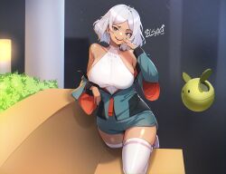 Rule 34 | 1girl, arm support, artist name, asticassia school uniform, bare shoulders, bench, blurry, blurry background, breasts, bush, dark-skinned female, dark skin, green eyes, green jacket, green shorts, grey hair, gundam, gundam suisei no majo, halterneck, hand to own mouth, haro, highres, ilsae, jacket, large breasts, light particles, looking at viewer, on one knee, open mouth, parted bangs, partially unzipped, pillar, school uniform, secelia dote, short hair, short shorts, shorts, smug, solo, teeth, thighhighs, upper teeth only, white thighhighs, wide sleeves