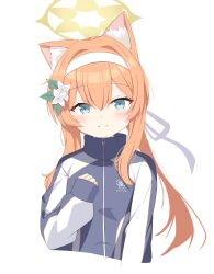 Rule 34 | 1girl, absurdres, animal ear fluff, animal ears, blue archive, blue eyes, closed mouth, commentary request, cropped torso, flower, fox ears, gym uniform, hair flower, hair ornament, hairband, halo, hand up, highres, long hair, long sleeves, looking at viewer, mari (blue archive), mari (track) (blue archive), official alternate costume, orange hair, simple background, sleeves past wrists, smile, solo, straight-on, upper body, white background, white flower, white hairband, yellow halo, yumemin (yumemi5140)
