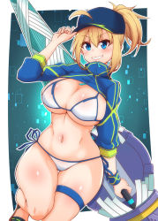Rule 34 | 1girl, ahoge, artoria pendragon (fate), baseball cap, bikini, blonde hair, blue eyes, blue hat, breasts, bridal garter, clenched teeth, commentary request, fate/grand order, fate (series), hair through headwear, hand up, hat, highres, holding, holding weapon, large breasts, looking at viewer, mysterious heroine x (fate), mysterious heroine xx (fate), navel, ponytail, short hair, shrug (clothing), side-tie bikini bottom, smile, solo, swimsuit, tachibana (cyclone1316), teeth, twinmyniad (fate), weapon, white bikini