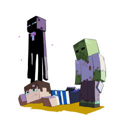 Rule 34 | 1boy, 2others, apios, black eyes, black skin, blue sclera, blue shirt, bow, bowtie, brown hair, closed mouth, colored sclera, colored skin, enderman, full body, green skin, half-closed eyes, highres, holding, lying, minecraft, multiple others, on stomach, pants, purple bow, purple bowtie, purple eyes, purple pants, raised eyebrow, shirt, short hair, simple background, sketch, standing, steve (minecraft), striped clothes, striped shirt, traditional bowtie, white background, white shirt, zombie (minecraft)