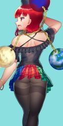 Rule 34 | 1girl, ass, back, bad id, bad twitter id, black pantyhose, black shirt, blue background, earth (ornament), from behind, hecatia lapislazuli, highres, kanou (natsuno0223), miniskirt, moon (ornament), multicolored clothes, multicolored skirt, pantyhose, pleated skirt, profile, red eyes, red hair, shirt, simple background, skirt, solo, t-shirt, thighband pantyhose, touhou