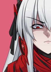 Rule 34 | 1girl, absurdres, closed mouth, disgust, grey hair, hair between eyes, hair ornament, headgear, highres, long hair, looking at viewer, lucia: crimson abyss (punishing: gray raven), lzypoipoi, punishing: gray raven, red background, red eyes, red scarf, scarf