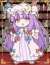 Rule 34 | 1girl, blue bow, blush, book, bow, crescent, crescent hat ornament, dress, full body, hair bow, hat, hat ornament, highres, holding, holding book, long hair, long sleeves, mitya, mob cap, open book, open mouth, patchouli knowledge, pink hat, purple dress, purple eyes, purple hair, red bow, sidelocks, solo, striped clothes, striped dress, touhou, twitter username, vertical-striped clothes, vertical-striped dress, wide sleeves