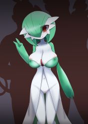 Rule 34 | 1girl, 2boys, areola slip, blush, breasts, closed mouth, collarbone, colored skin, covered erect nipples, creatures (company), emboar, game freak, gardevoir, gen 3 pokemon, gen 5 pokemon, gluteal fold, gradient background, green hair, green skin, grey background, hair over one eye, hand up, highres, large breasts, looking at viewer, multicolored skin, multiple boys, navel, neichii, netorare, nintendo, nose blush, pignite, pokemon, pokemon (creature), pussy, red eyes, see-through, shiny skin, short hair, silhouette, simple background, smile, solo focus, standing, thigh gap, two-tone skin, uncensored, v, white skin