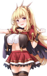 Rule 34 | 10s, 1girl, :d, alternate breast size, black thighhighs, blonde hair, blush, breasts, cagliostro (granblue fantasy), cape, cowboy shot, crop top, crop top overhang, frilled skirt, frills, granblue fantasy, hairband, large breasts, long hair, looking at viewer, midriff, navel, no bra, nose blush, open mouth, purple eyes, red skirt, simple background, skirt, smile, solo, tareme, thighhighs, tiara, underboob, uni8, white background, zettai ryouiki