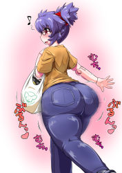 Rule 34 | 10s, 1girl, altines, ass, bag, blue hair, blush, breasts, busou shinki, denim, doll joints, from behind, glasses, huge ass, jeans, jiggle, joints, musical note, open mouth, pants, purple eyes, rei, shirt, skin tight, smile, solo, text focus, translation request, twintails