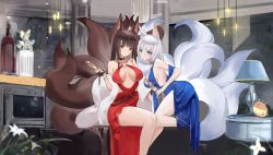 Rule 34 | 2girls, akagi (azur lane), akagi (ruby-laced beauty) (azur lane), animal ear fluff, animal ears, azur lane, blue dress, blue eyes, breasts, brown hair, brown tail, center opening, champagne flute, cleavage, climbing, cocktail dress, cup, dress, drinking glass, evening gown, feather boa, flower, fox girl, halter dress, halterneck, highres, indoors, kaga (azur lane), kaga (exalted white wings) (azur lane), kitsune, kyuubi, large breasts, large tail, looking at viewer, manjuu (azur lane), multiple girls, multiple tails, o-ring dress, official alternate costume, red dress, red eyes, short hair, tail, white flower, white tail