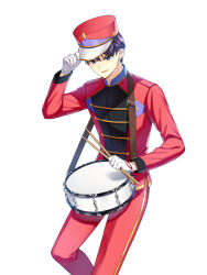Rule 34 | 1boy, adjusting clothes, adjusting headwear, alternate hair color, band uniform, blue eyes, buttons, closers, collared jacket, cowboy shot, double-breasted, drumsticks, gloves, hand on headwear, hand up, hat, high collar, highres, holding, holding drumsticks, jacket, leg up, long sleeves, looking at viewer, male focus, marching band, nata (closers), official art, pants, parted lips, purple hair, red headwear, red jacket, red pants, shako cap, short hair, single vertical stripe, smile, snare drum, solo, standing, standing on one leg, uniform, v-shaped eyebrows, white background, white gloves