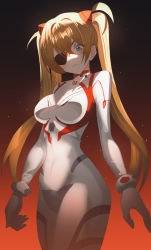 Rule 34 | 1girl, absurdres, alternate hairstyle, artist request, blue eyes, blush, bodysuit, breasts, brown hair, curvy, evangelion: 3.0+1.0 thrice upon a time, eyepatch, gradient background, hair ornament, highres, long hair, long twintails, looking at viewer, medium breasts, neon genesis evangelion, pilot suit, plugsuit, rebuild of evangelion, shaded face, shiny clothes, skin tight, solo, souryuu asuka langley, standing, twintails, two side up, very long hair, white bodysuit