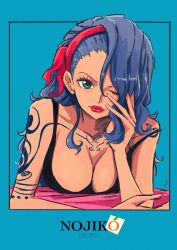 Rule 34 | 1girl, blue background, blue eyes, blue hair, border, breasts, character name, cleavage, closed mouth, copyright name, english text, female focus, hairband, head rest, large breasts, leaning forward, lipstick, long hair, looking at viewer, makeup, nojiko, one eye closed, one piece, outside border, sherumaru (korcht06), simple background, smile, solo, tattoo