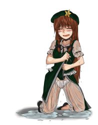 Rule 34 | 1girl, bad id, bad pixiv id, braid, chinese clothes, female focus, full body, hat, highres, hong meiling, long hair, opagi, panties, pants, red hair, see-through, solo, touhou, twin braids, underwear, wet, wet clothes, white background
